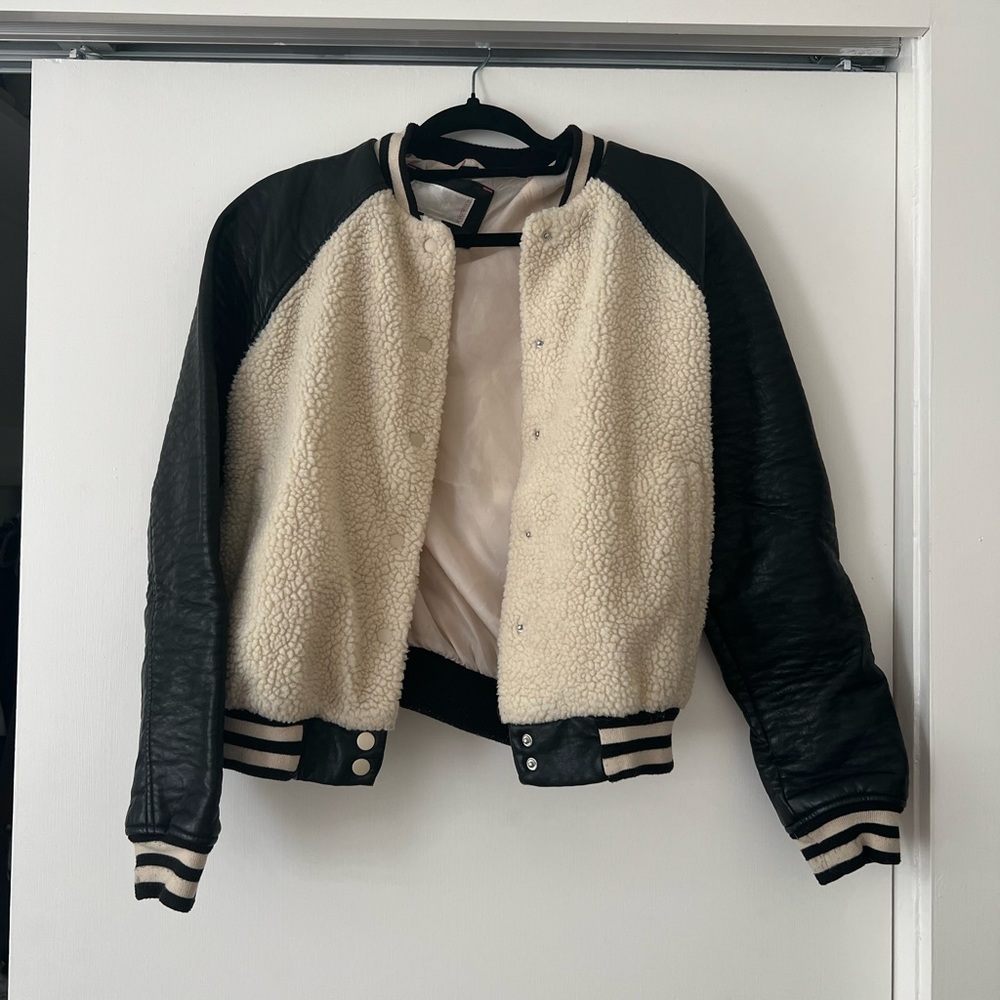 Fleece/Faux Leather Bomber Jacket Gem